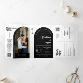 ブラックレトロスクリプトBoho Arch写真QRコード結婚s 三つ折り招待状 (内部)