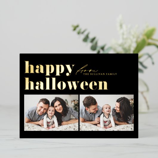 ブラックレトロタイポグラフィハッピーハローウィン2枚 箔シーズンカード (立ち正面)