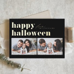 ブラックレトロタイポグラフィハッピーハローウィン2枚 箔シーズンカード<br><div class="desc">ハッピーハローウィン!このカスタマイズ可能な写真のハロウィンカードを使用して、家族や友人にハロウィーンの挨拶を送る。レトロなはっきりしたタイポグラフィ。詳細を追加してパーソナライズこの金ゴールドフォイルのハロウィンカードは他のカードの在庫で利用可能である。一致するアイテムが使用可能。</div>