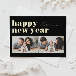 ブラックレトロタイポグラフィフォトハッピー新年 箔シーズンポストカード