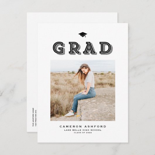 ブラックレトロタイポグラフィ写真卒業 案内ポストカード (正面/裏面)