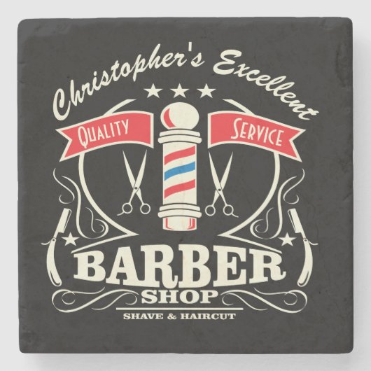 ブラックレトロバーバーショップメンズスタイリストモノグラム ストーンコースター (正面)