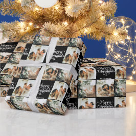 ブラックレトロメリークリスマスファミリー3フォトコラージュ ラッピングペーパー