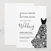 ブラックレースのウェディングドレス 結婚式 招待状 (正面/裏面)