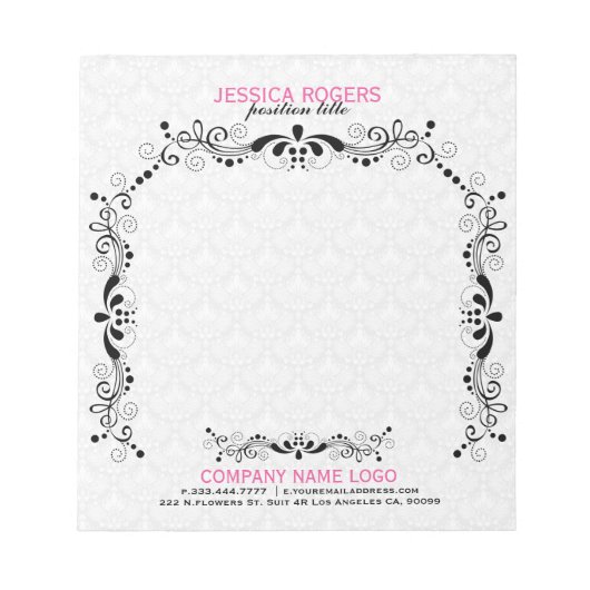 ブラックレースのフレーム付き白いフローラ ノートパッド (正面)