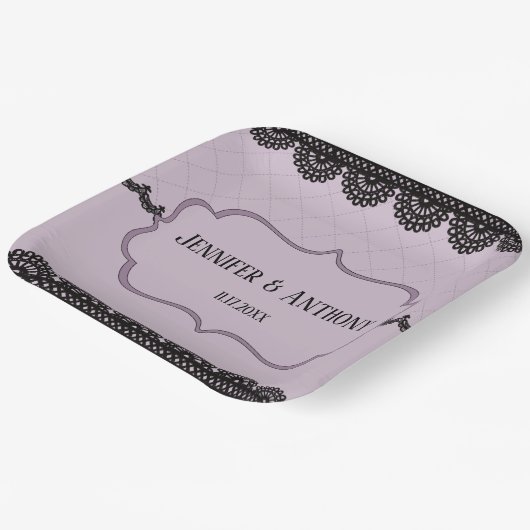 ブラックレースオンソフトラベンダーカスタムウェディング ペーパープレート (傾斜あり)