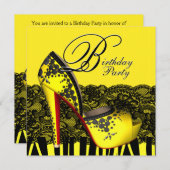 ブラックレースハイヒールシューズイエローバースデーパーティー 招待状 (正面/裏面)