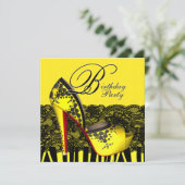 ブラックレースハイヒールシューズイエローバースデーパーティー 招待状 (スタンド正面)