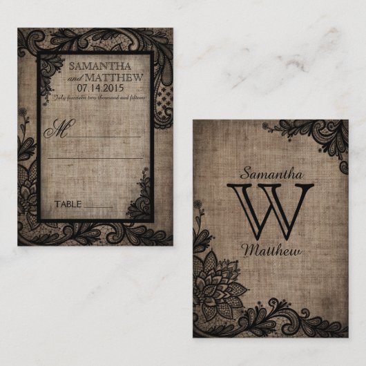 ブラックレースバーラップモダンゴシック結婚ズ座席表 プレイスカード (正面/裏面)