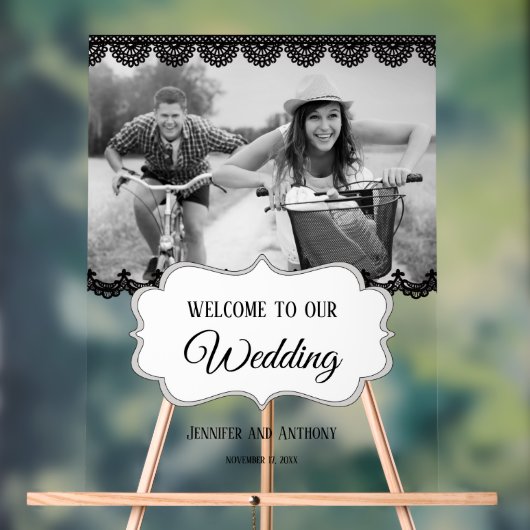 ブラックレースパーソナライズフォトウェディングウェルカム アクリルサイン (ニュートラル)