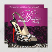 ブラックレースホットピンクヒョウ誕生日パーティインビタット 招待状 (正面/裏面)