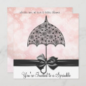 ブラックレース傘ピンクベビー散水赤ちゃんシャワー 招待状 (正面/裏面)