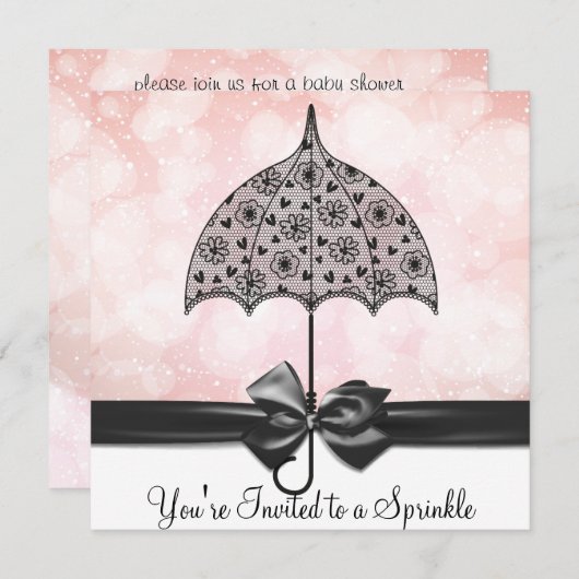 ブラックレース傘ピンクベビー散水赤ちゃんシャワー 招待状 (正面/裏面)
