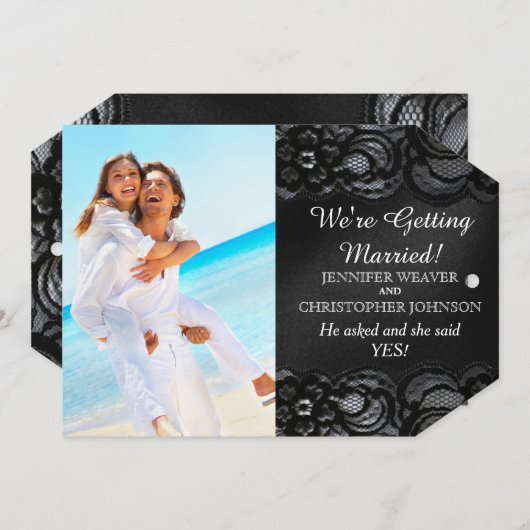 ブラックレース及びサテン婚約告知カード 案内状 (正面/裏面)