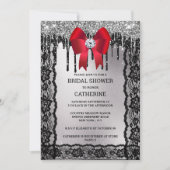 ブラックレース ダイヤモンド 赤いリボン 銀のグリッター エレガント 招待状 (正面)