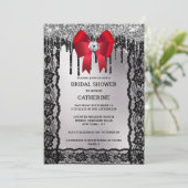 ブラックレース ダイヤモンド 赤いリボン 銀のグリッター エレガント 招待状 (スタンド正面)