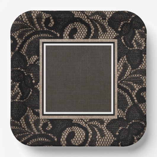 ブラックレース、バーラップ、リネン ペーパープレート (正面)