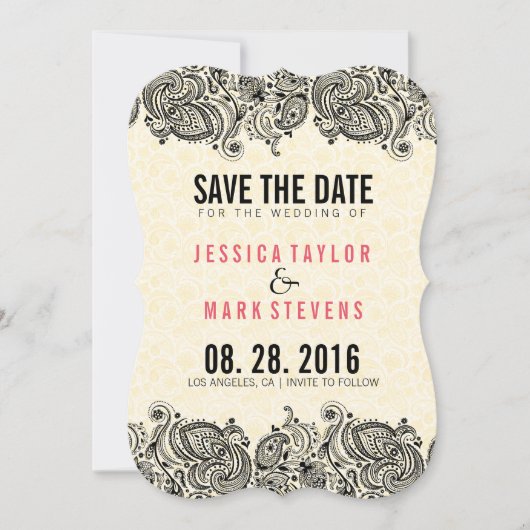 ブラックレース&ベージュダマスク日付を保存 セーブザデート (正面)