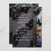 ブラックレース、蝶と紫のバラ結婚ズ 招待状 (正面/裏面)