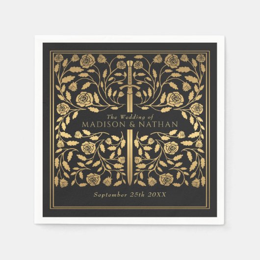 ブラックロイヤルミディアムゴールドソードウェディング スタンダードカクテルナプキン (正面)