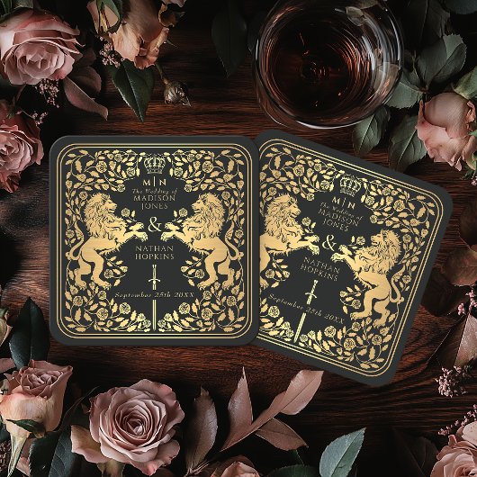 ブラックロイヤルライオン中世剣ウェディング スクエアペーパーコースター