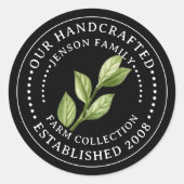 ブラックロゴにハーブ葉付きファミリーファームラベル ラウンドシール (正面)