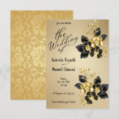 ブラックロマンチック金ゴールドラン結婚ズフローラ 招待状 (正面/裏面)