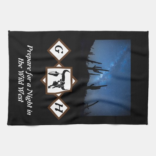 ブラックロングウブルスカルシルエットモノグラムフォト キッチンタオル (横)