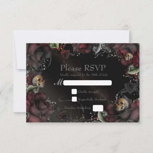 ブラックローズとドクロのゴシック結婚式RSVPカード 出欠カード (正面)