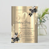 ブラックローズのラメ入りしずく ゴールド 50歳の誕生日 招待状 (スタンド正面)