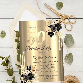 ブラックローズのラメ入りしずく ゴールド 50歳の誕生日 招待状