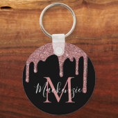 ブラックローズゴールドの偽のグリッター垂れモノグラム キーホルダー (正面)