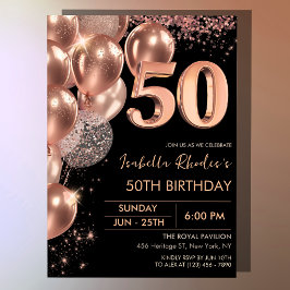 ブラックローズゴールドの50歳の誕生日を祝う華やかなバルーン 招待状