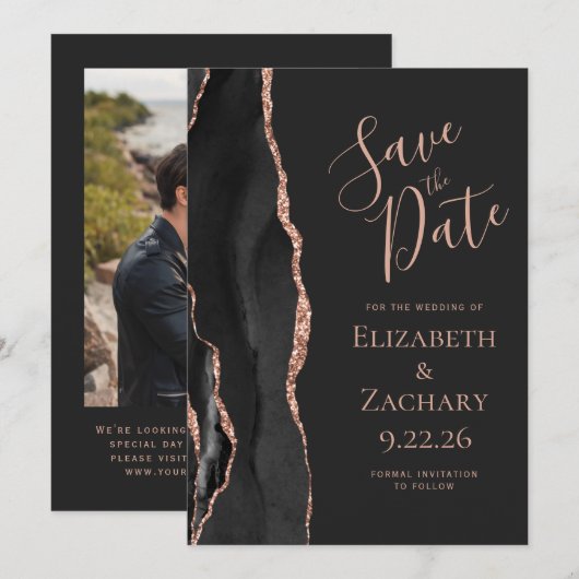 ブラックローズゴールドアゲート 写真入り 前撮り ウェディング Save the Date 招待状 (正面/裏面)