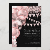 ブラックローズゴールドグリッター風船 誕生日どんな年齢でも 招待状 (正面/裏面)