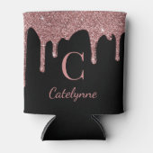 ブラックローズゴールドスパークルグリッター ドリップ モノグラム 缶クーラー (正面)