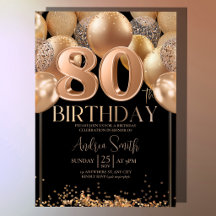 ブラックローズゴールド80歳の誕生日招待状 高級感あふれるデザイン