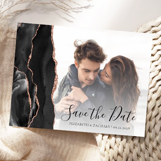 ブラックローズゴールド アゲート 写真付き結婚式日程はがき ポストカード