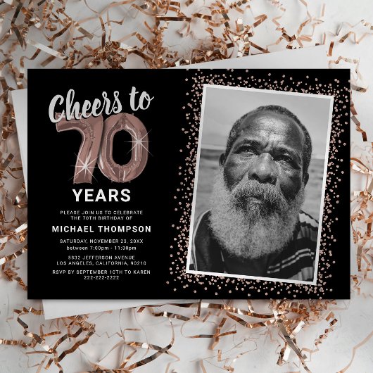 ブラックローズゴールド 70歳の誕生日 写真招待状 招待状