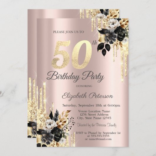ブラックローズ グリッター ドリップ ローズゴールド 50歳の誕生日 招待状 (正面/裏面)
