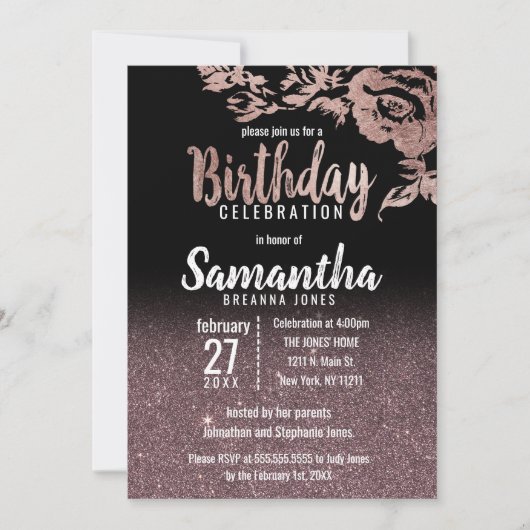 ブラックローズ ゴールドグリッター フラワー バースデーパーティー 招待状 (正面)
