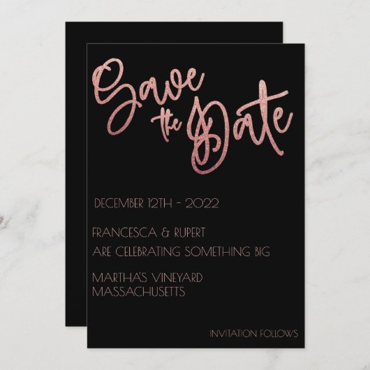 ブラックローズ ゴールド グリッター アートデコ ウェディング セーブザデート (正面/裏面)