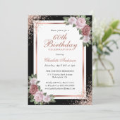 ブラックローズ ゴールド ブラッシュ ピンク フラワーズ 60歳の誕生日 招待状 (スタンド正面)
