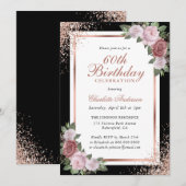 ブラックローズ ゴールド ブラッシュ ピンク フラワーズ 60歳の誕生日 招待状 (正面/裏面)