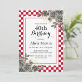 ブラックローズ バーガンディ & ホワイト チェックの誕生日 招待状 (スタンド正面)