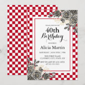 ブラックローズ バーガンディ & ホワイト チェックの誕生日 招待状 (正面/裏面)