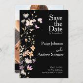 ブラックワイルドフラワーウェディングデートを保存 招待状 (正面/裏面)