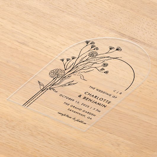 ブラックワイルドフラワーモダンミニマリスト結婚アーチズ アクリル招待状 (レイダウン)