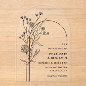 ブラックワイルドフラワーモダンミニマリスト結婚アーチズ アクリル招待状 (正面)