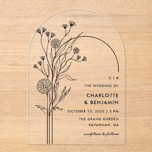 ブラックワイルドフラワーモダンミニマリスト結婚アーチズ アクリル招待状 (正面)